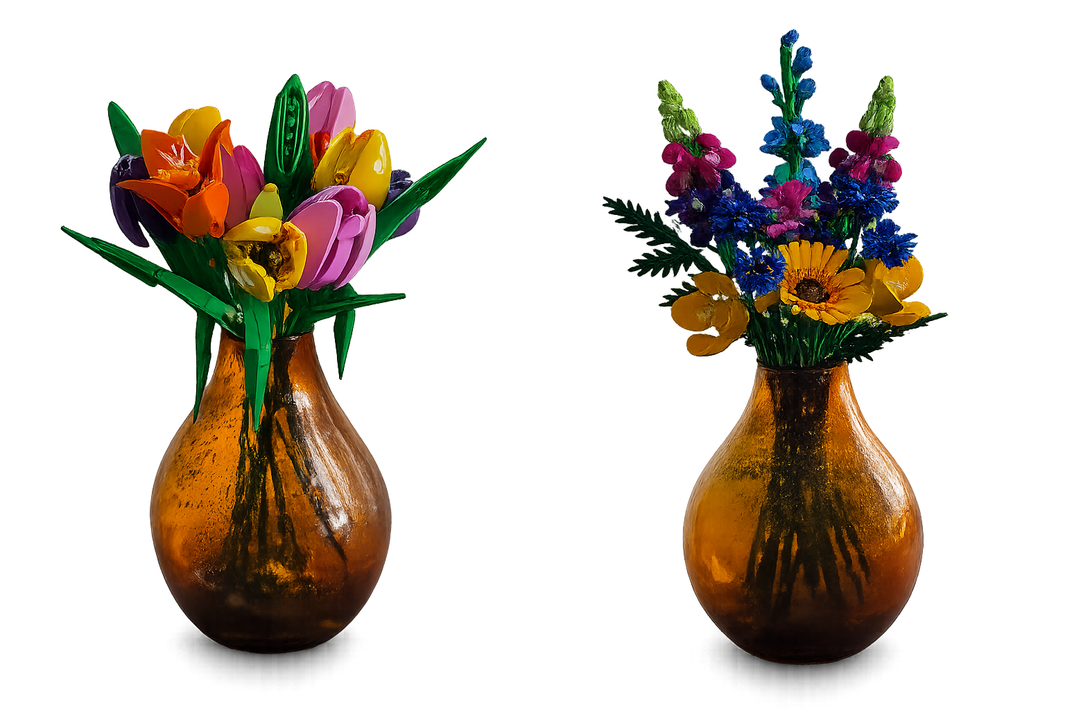 Twee kleurrijke LEGO bloemenboeketten in glazen vazen als voorbeeld van een creatieve hobby voor volwassenen